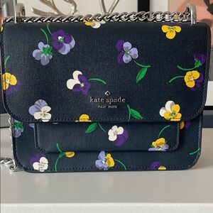 Kate Spade Remi Flap Chain Crossbody Pansy Toss Print Navy Blue Purse